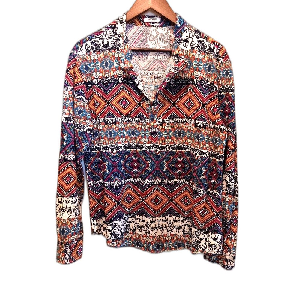 COOFANDY Men's Cotton Hemp Tribal Aztec Print Henley Long Sleeve Shirt - Size M